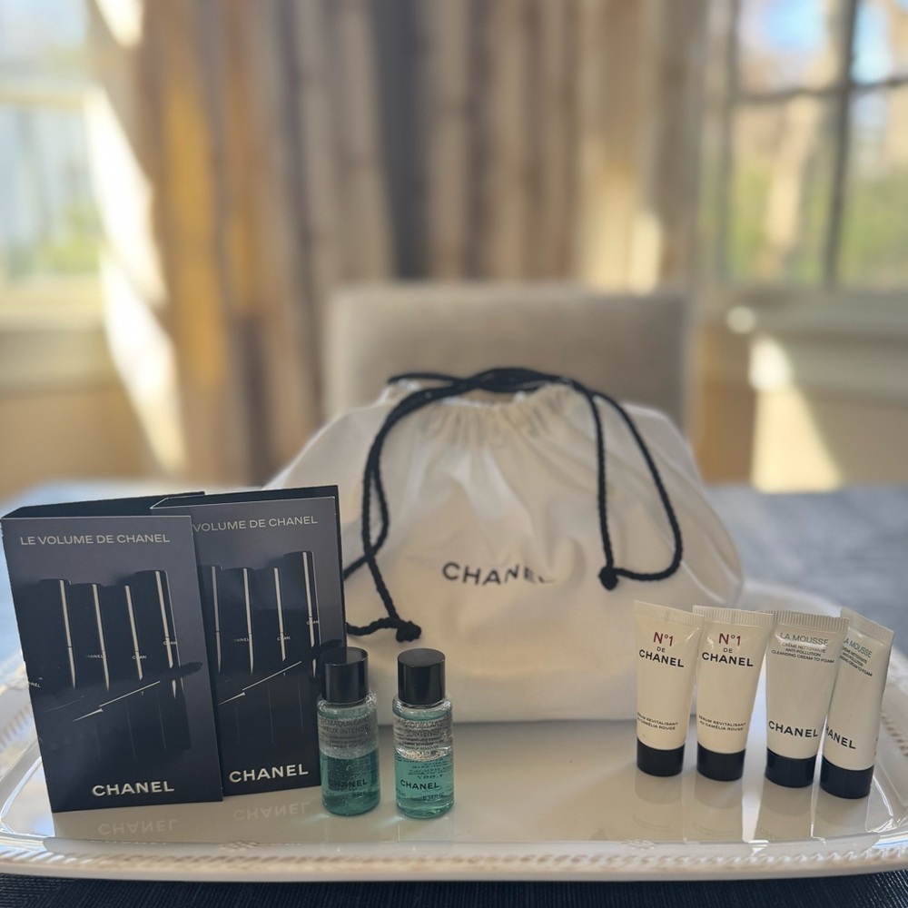 Chanel Beauty Set with White Drawstring Pouch Mascara, Makeup Remover & More!